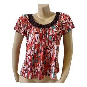 AB STUDIO Womens Size Medium Short Sleeve Scoop Neck Boho Tribal Cropped Shirt